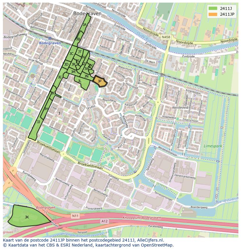 Afbeelding van het postcodegebied 2411 JP op de kaart.
