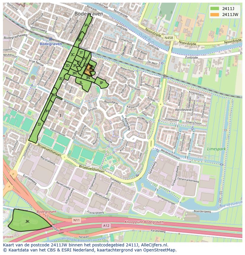 Afbeelding van het postcodegebied 2411 JW op de kaart.