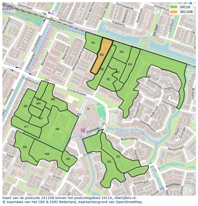 Afbeelding van het postcodegebied 2411 KB op de kaart.