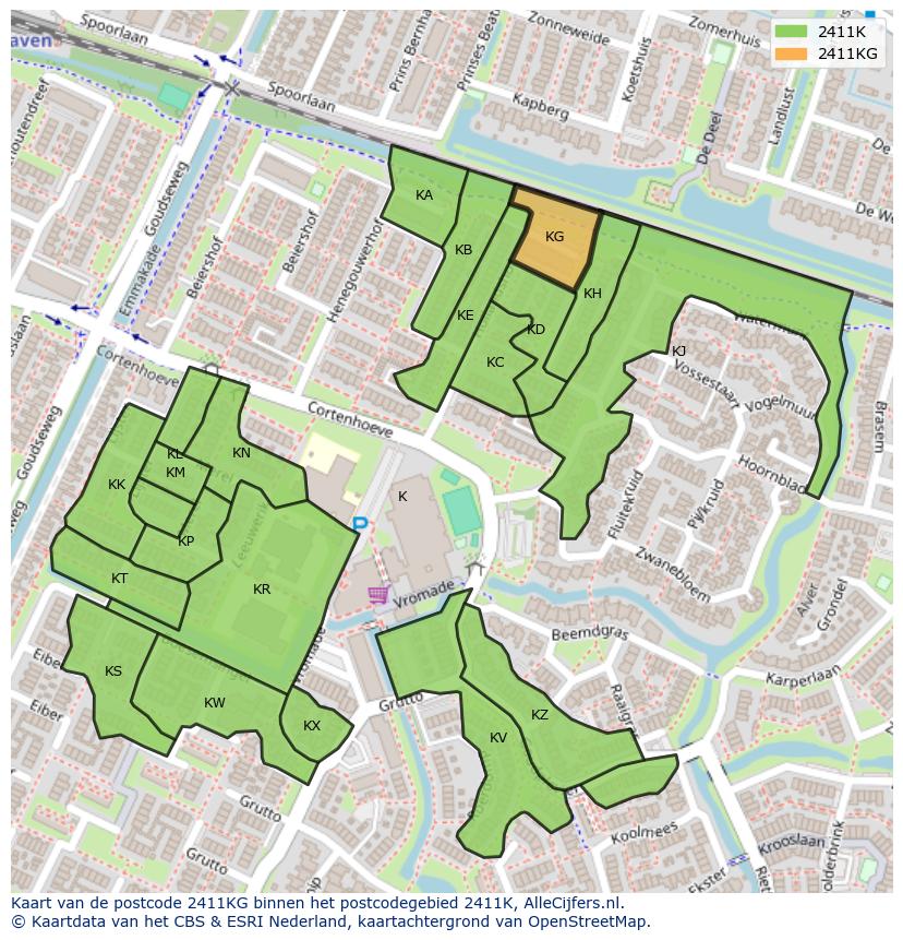 Afbeelding van het postcodegebied 2411 KG op de kaart.