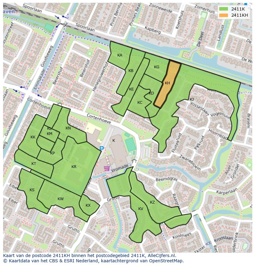 Afbeelding van het postcodegebied 2411 KH op de kaart.