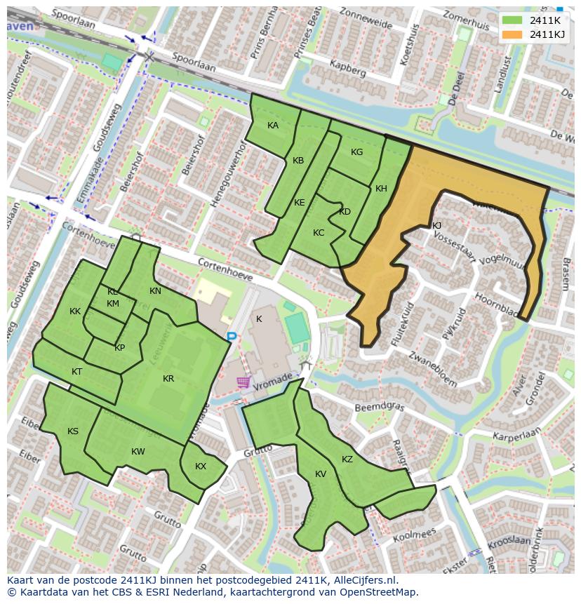 Afbeelding van het postcodegebied 2411 KJ op de kaart.