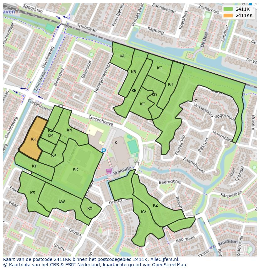 Afbeelding van het postcodegebied 2411 KK op de kaart.