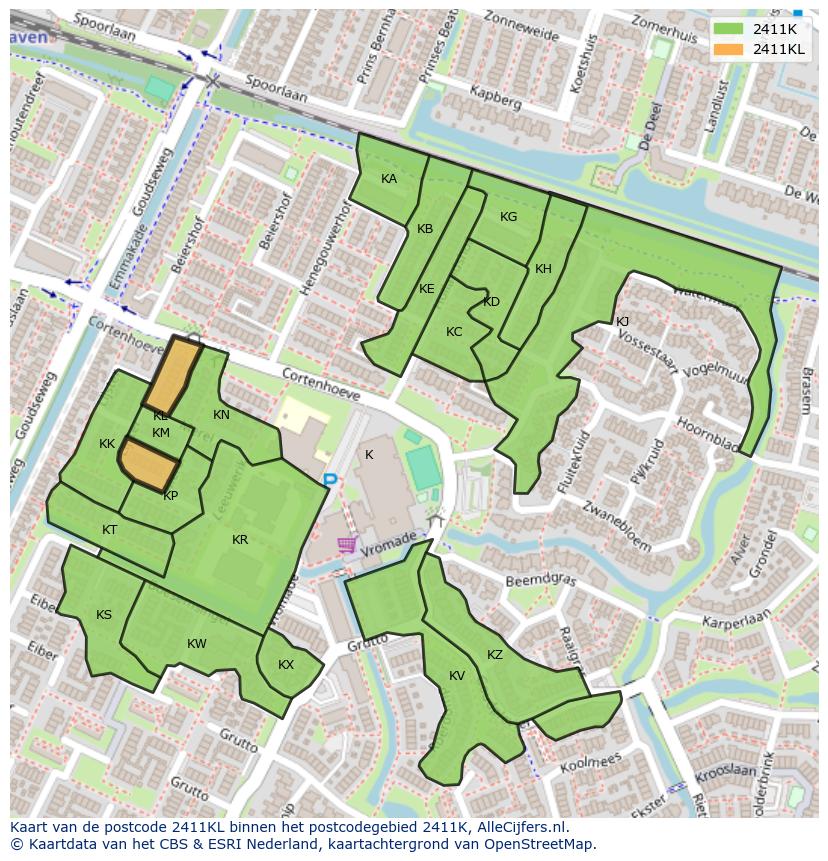 Afbeelding van het postcodegebied 2411 KL op de kaart.