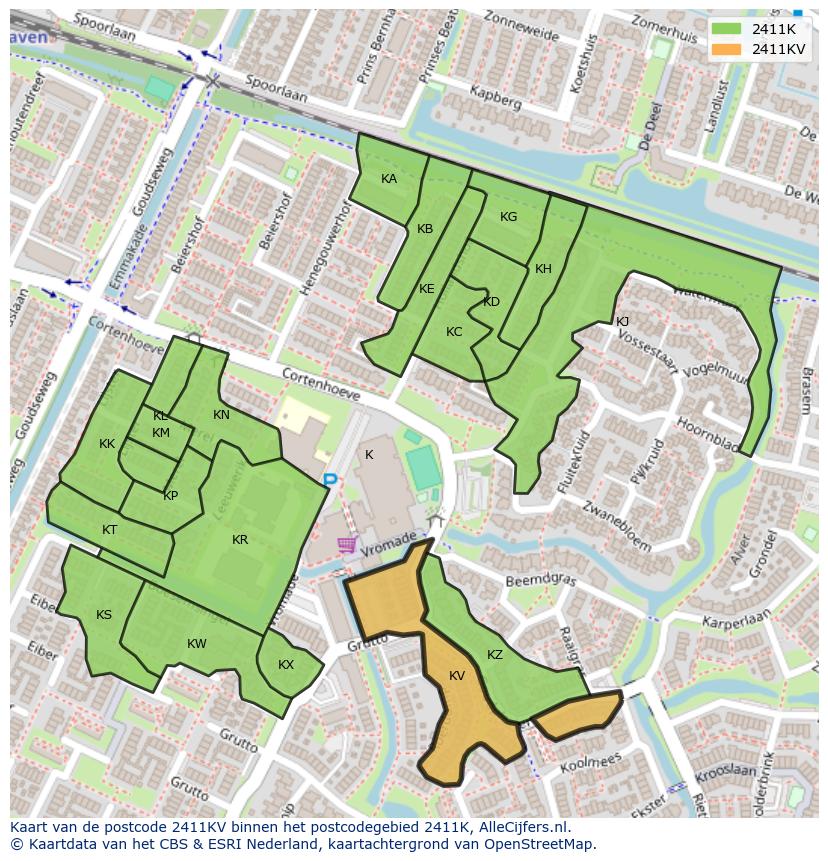 Afbeelding van het postcodegebied 2411 KV op de kaart.