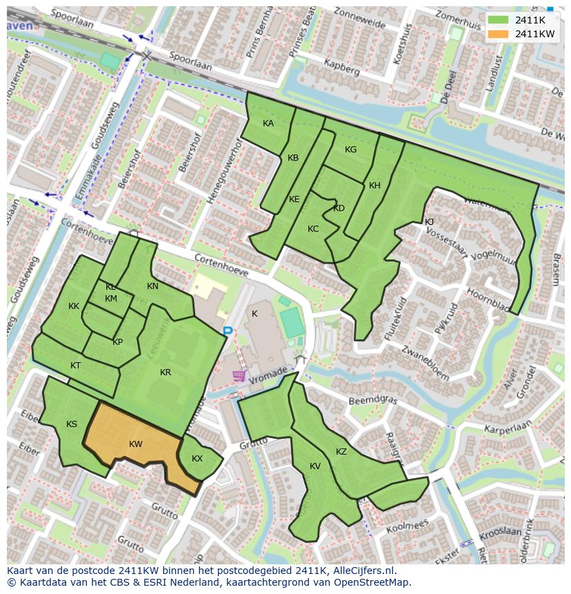 Afbeelding van het postcodegebied 2411 KW op de kaart.