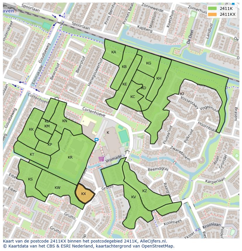 Afbeelding van het postcodegebied 2411 KX op de kaart.