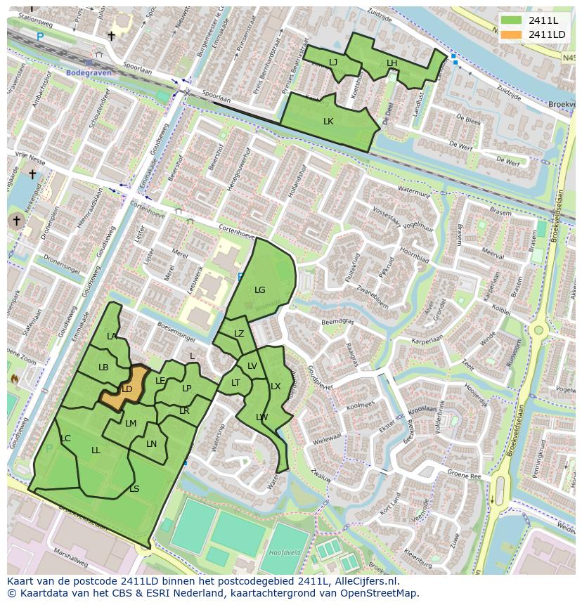 Afbeelding van het postcodegebied 2411 LD op de kaart.