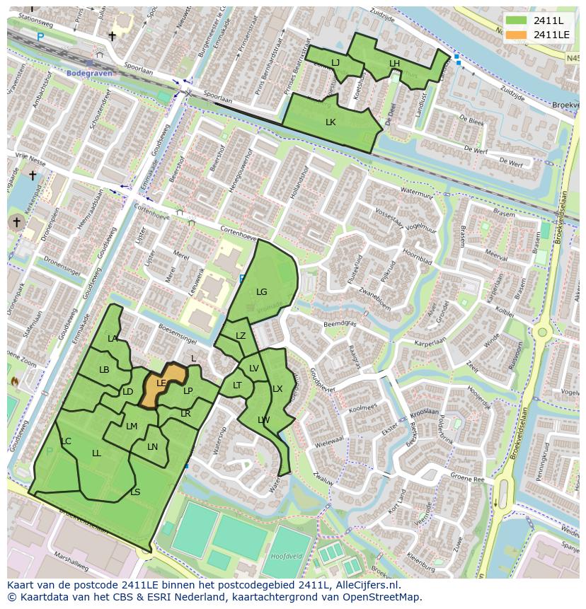 Afbeelding van het postcodegebied 2411 LE op de kaart.