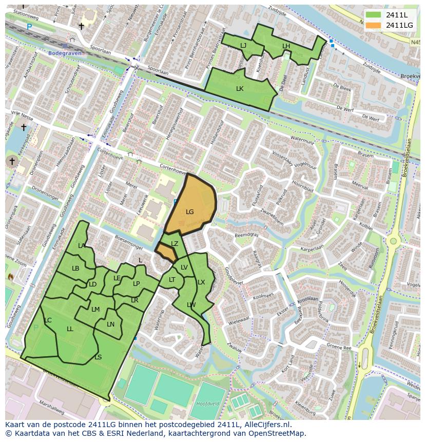 Afbeelding van het postcodegebied 2411 LG op de kaart.