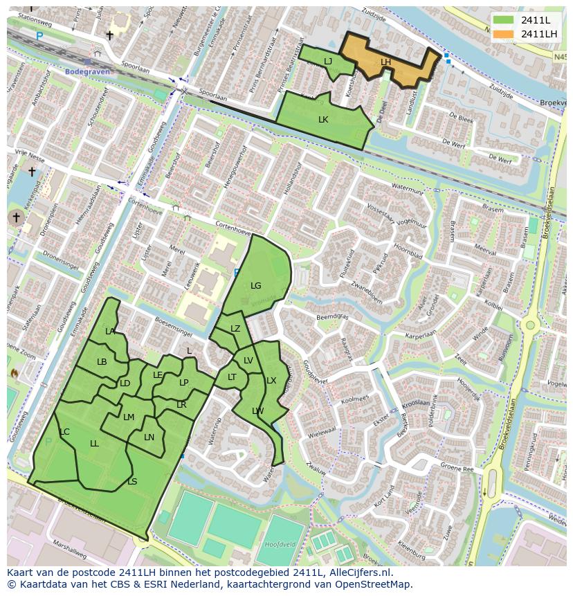 Afbeelding van het postcodegebied 2411 LH op de kaart.