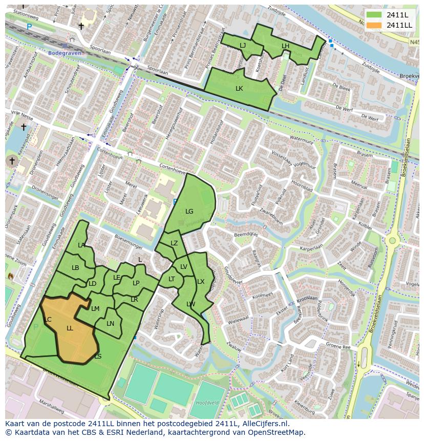 Afbeelding van het postcodegebied 2411 LL op de kaart.