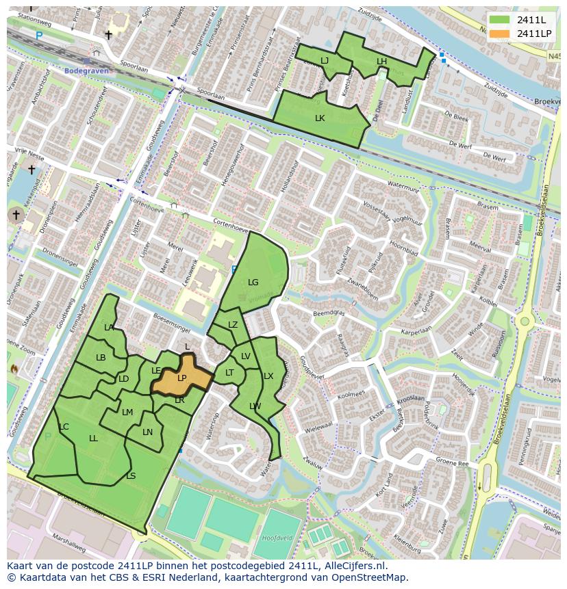 Afbeelding van het postcodegebied 2411 LP op de kaart.