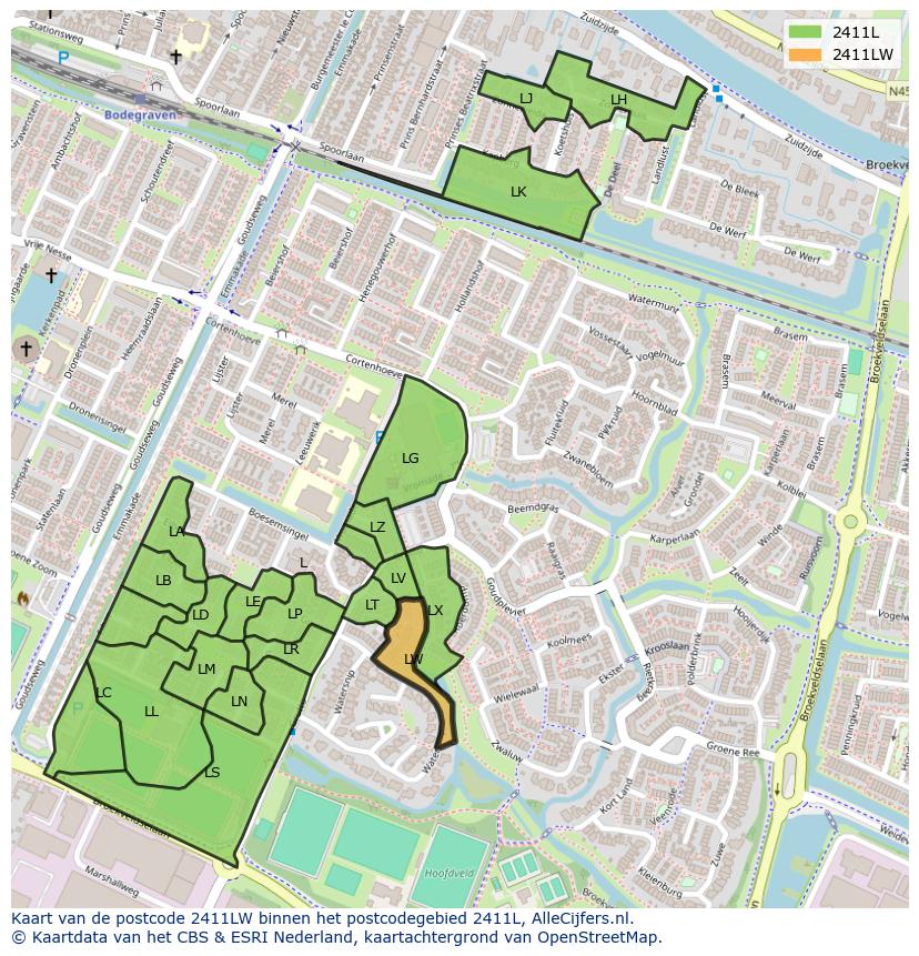 Afbeelding van het postcodegebied 2411 LW op de kaart.