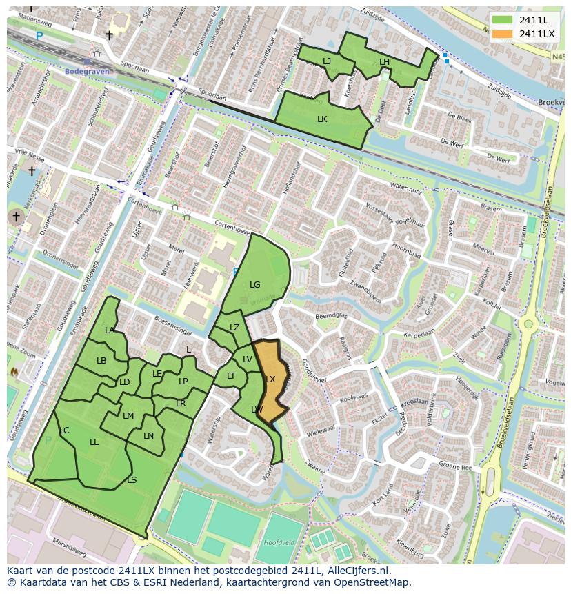 Afbeelding van het postcodegebied 2411 LX op de kaart.