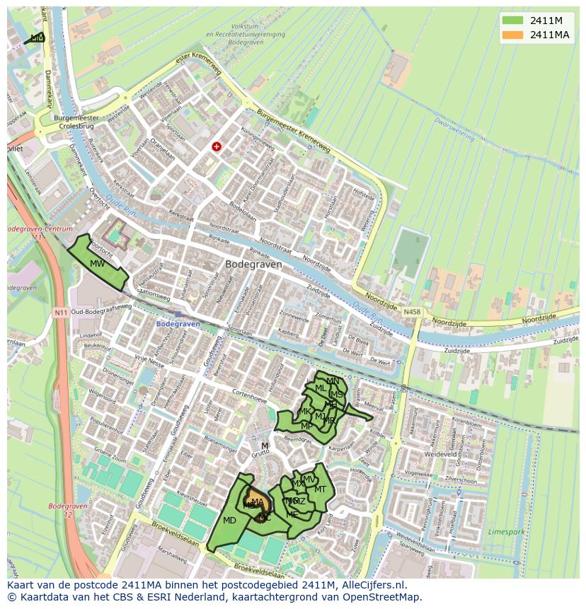 Afbeelding van het postcodegebied 2411 MA op de kaart.