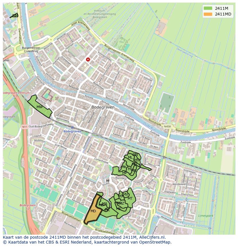 Afbeelding van het postcodegebied 2411 MD op de kaart.