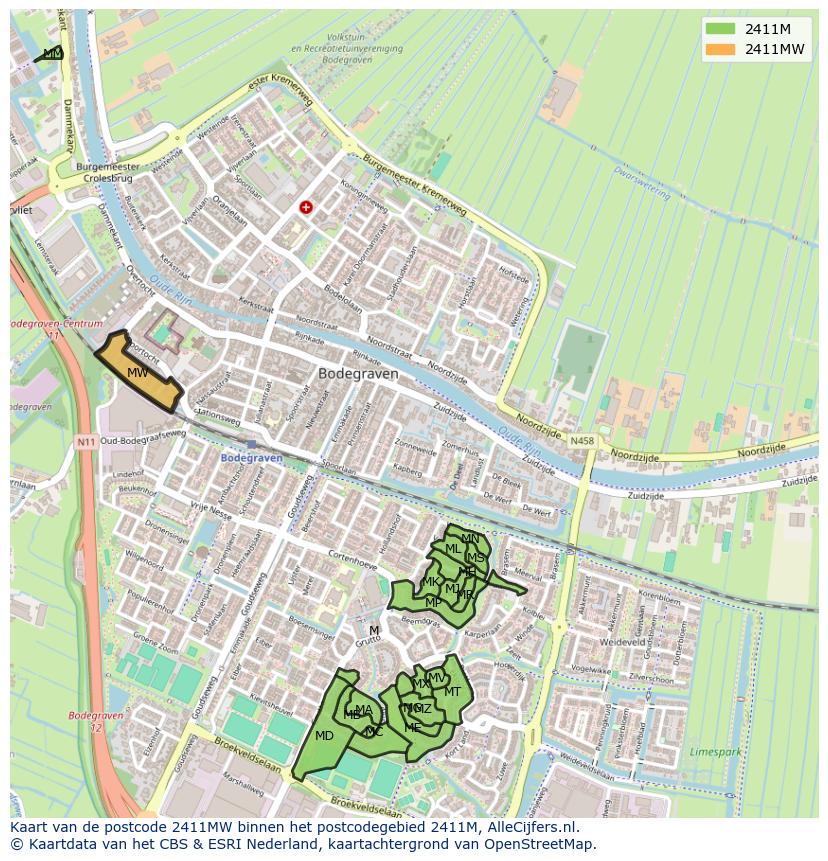 Afbeelding van het postcodegebied 2411 MW op de kaart.