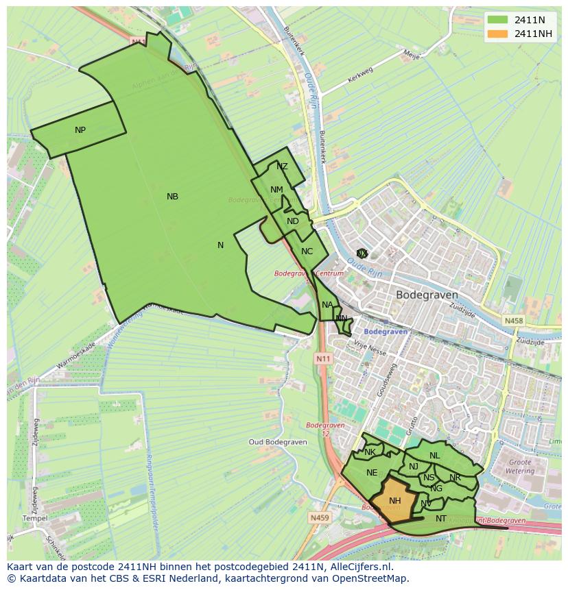 Afbeelding van het postcodegebied 2411 NH op de kaart.