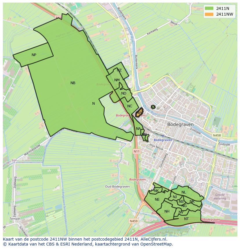 Afbeelding van het postcodegebied 2411 NW op de kaart.