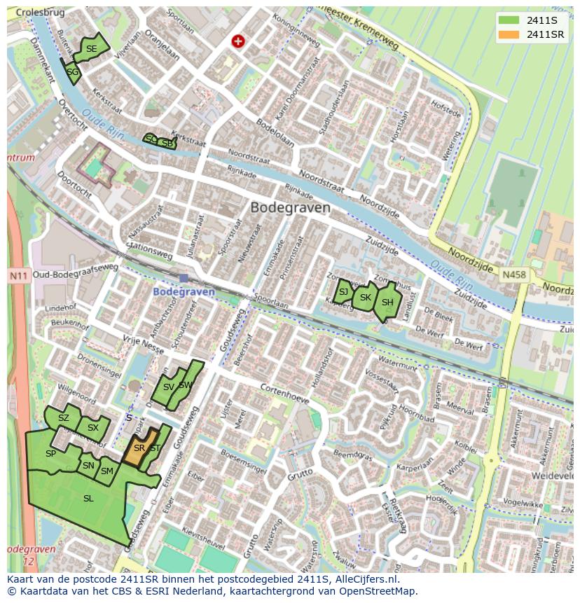 Afbeelding van het postcodegebied 2411 SR op de kaart.