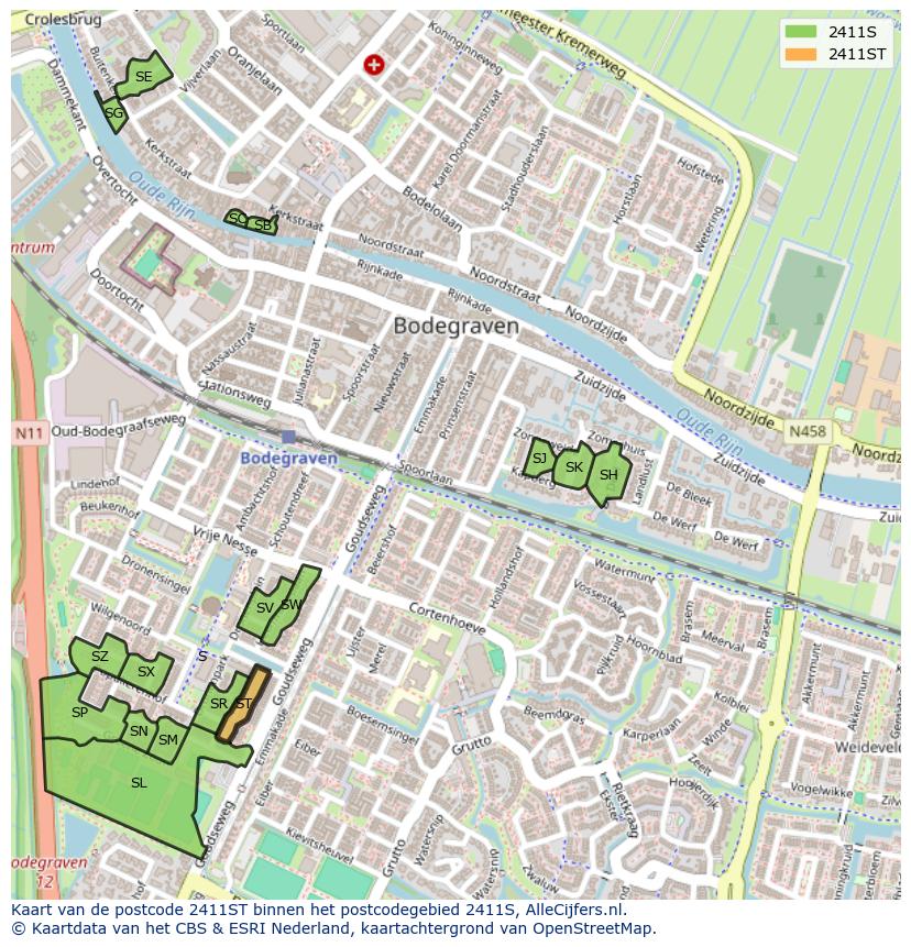 Afbeelding van het postcodegebied 2411 ST op de kaart.