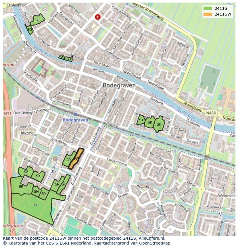 Afbeelding van het postcodegebied 2411 SW op de kaart.