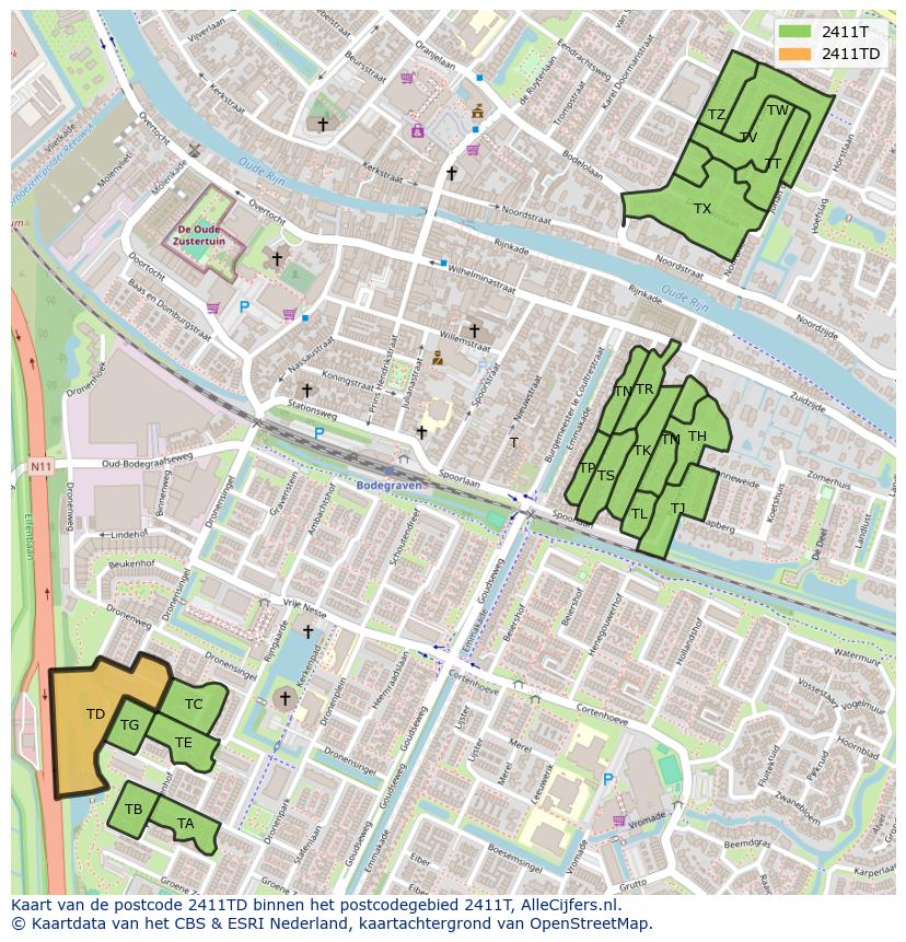 Afbeelding van het postcodegebied 2411 TD op de kaart.