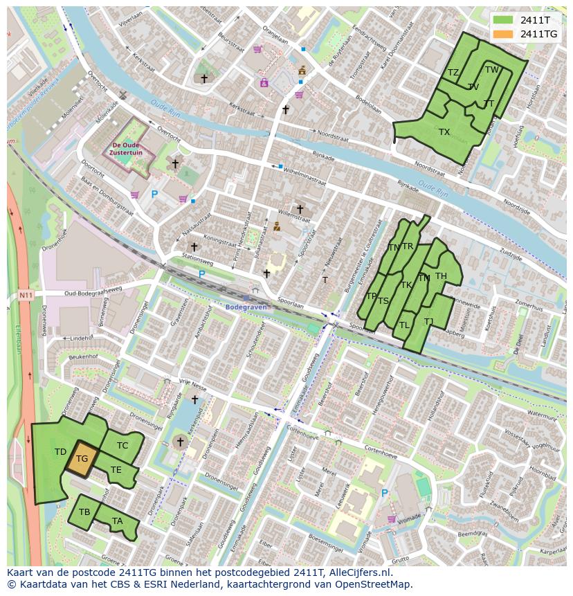 Afbeelding van het postcodegebied 2411 TG op de kaart.
