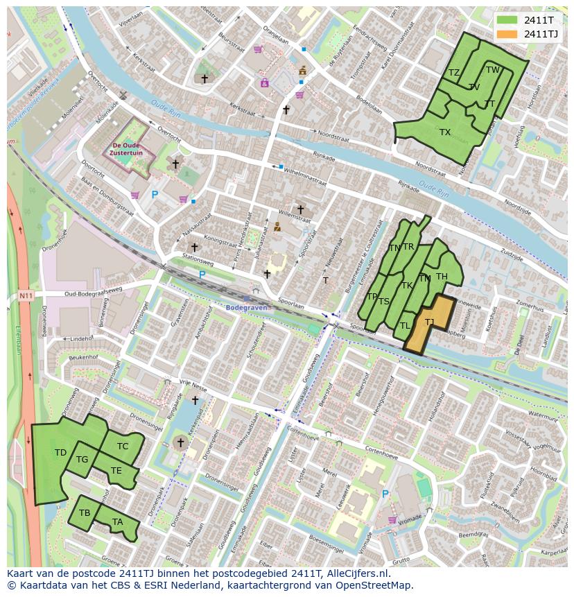 Afbeelding van het postcodegebied 2411 TJ op de kaart.