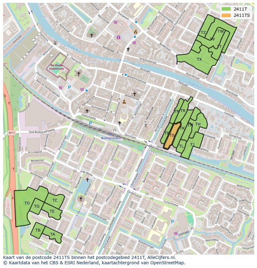 Afbeelding van het postcodegebied 2411 TS op de kaart.