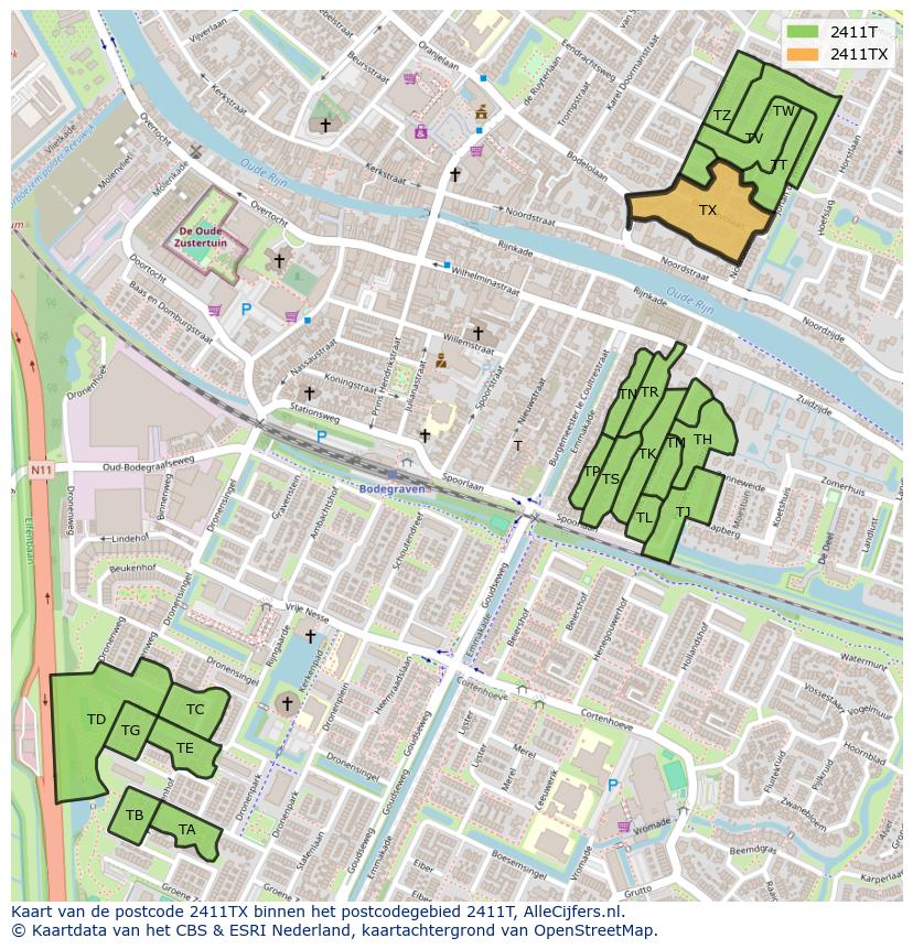 Afbeelding van het postcodegebied 2411 TX op de kaart.