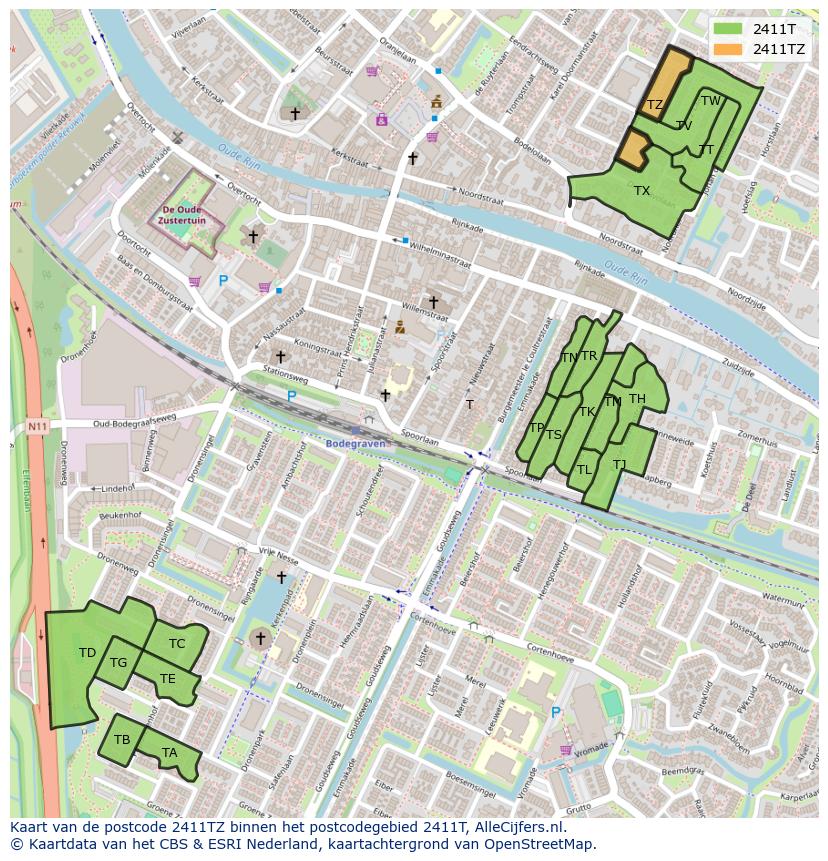 Afbeelding van het postcodegebied 2411 TZ op de kaart.