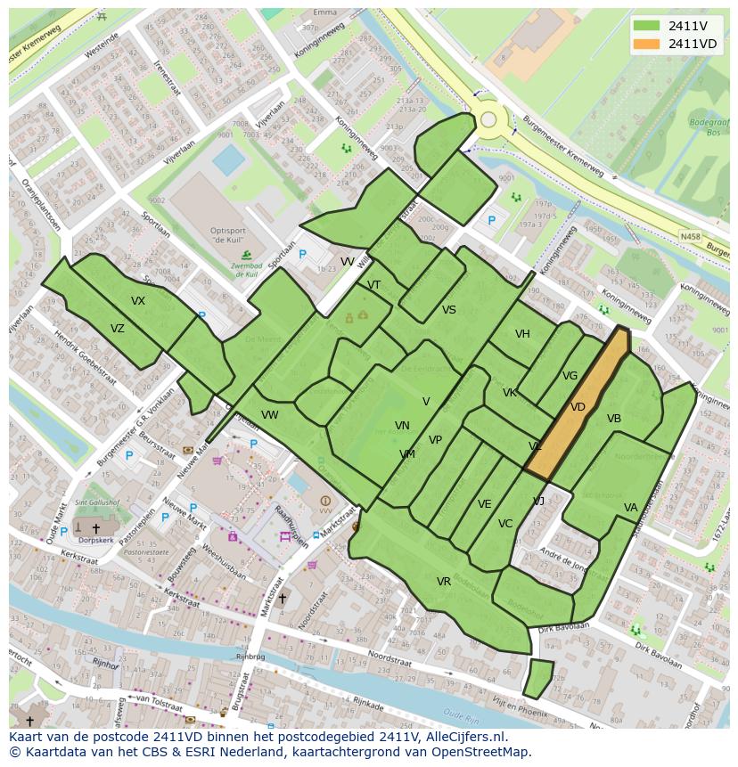 Afbeelding van het postcodegebied 2411 VD op de kaart.