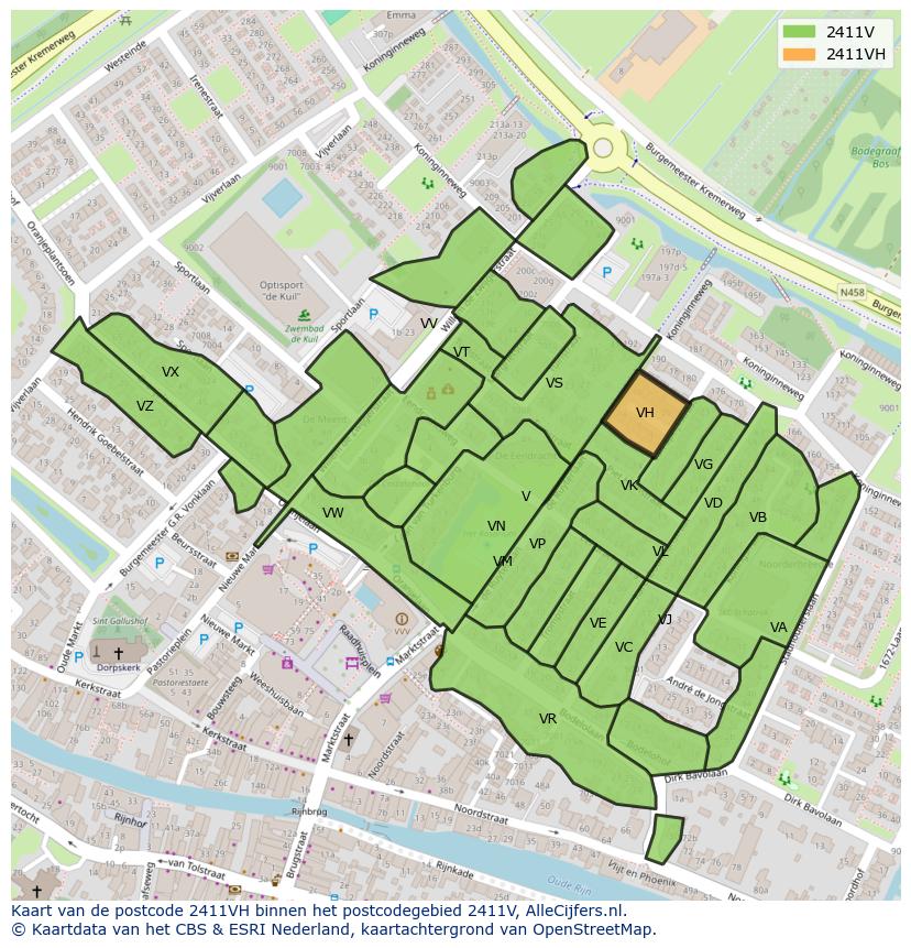 Afbeelding van het postcodegebied 2411 VH op de kaart.