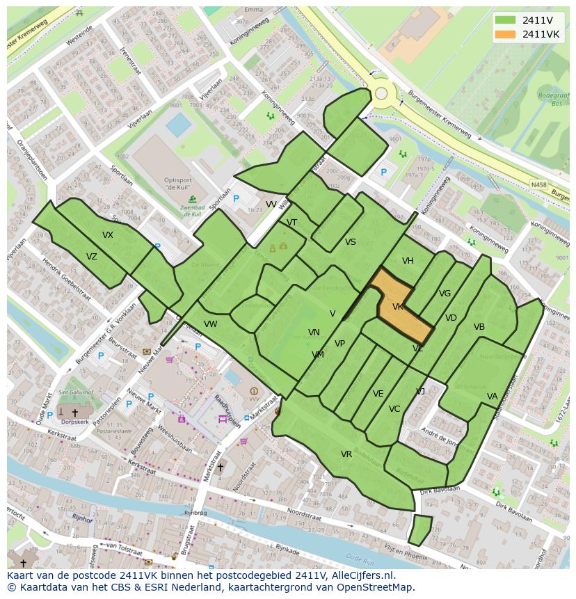 Afbeelding van het postcodegebied 2411 VK op de kaart.