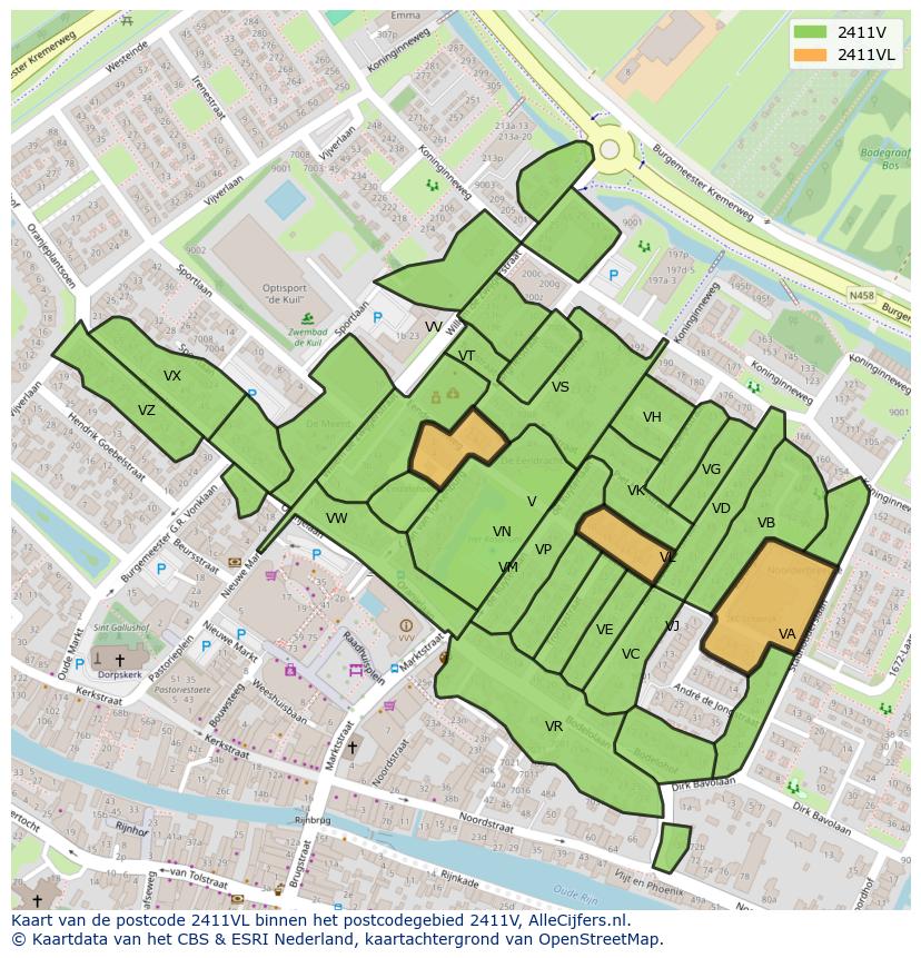 Afbeelding van het postcodegebied 2411 VL op de kaart.
