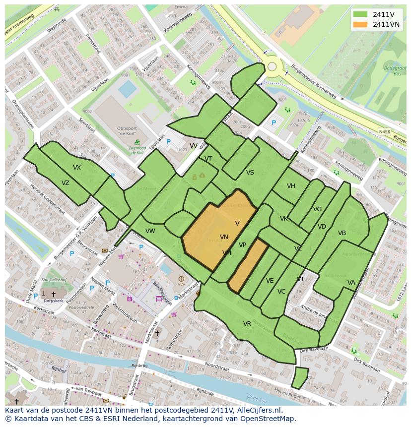 Afbeelding van het postcodegebied 2411 VN op de kaart.