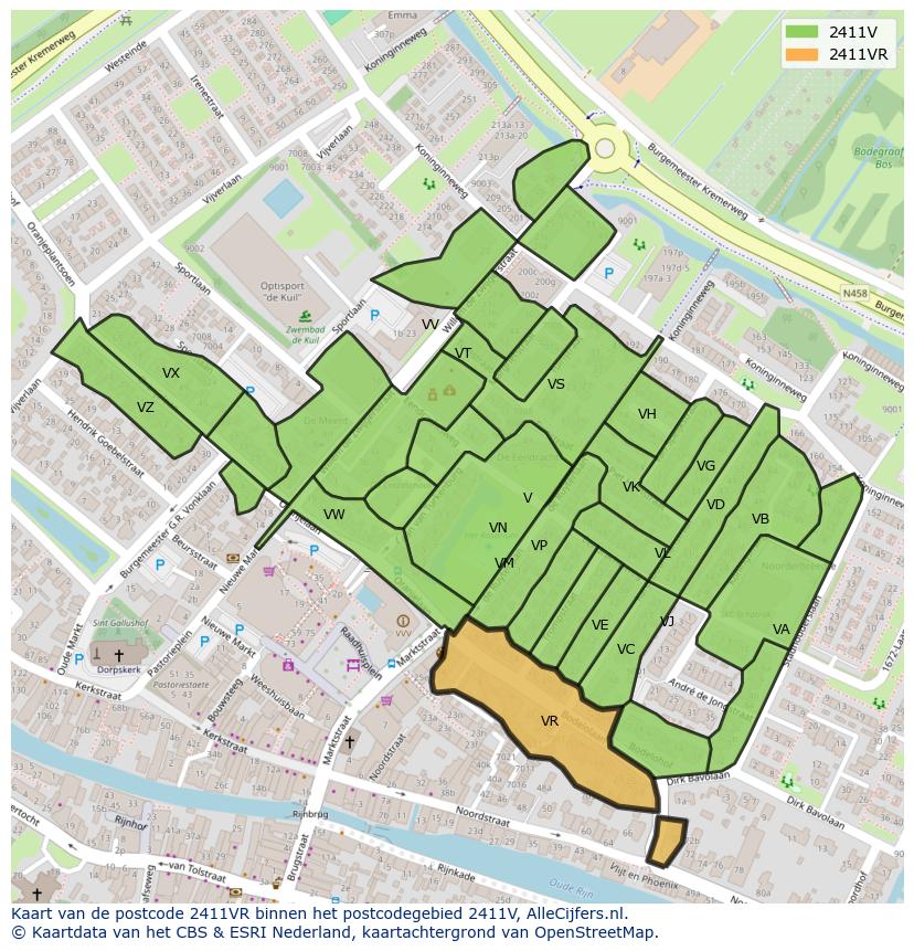 Afbeelding van het postcodegebied 2411 VR op de kaart.