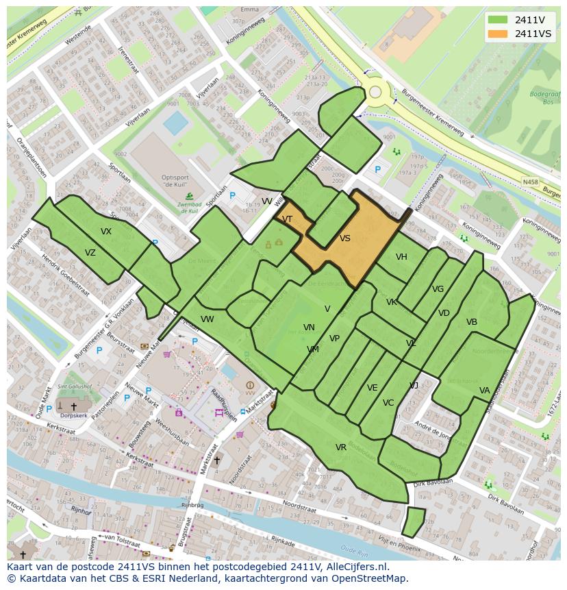 Afbeelding van het postcodegebied 2411 VS op de kaart.