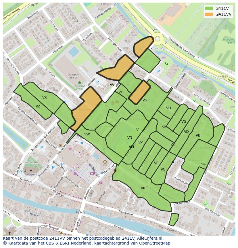 Afbeelding van het postcodegebied 2411 VV op de kaart.