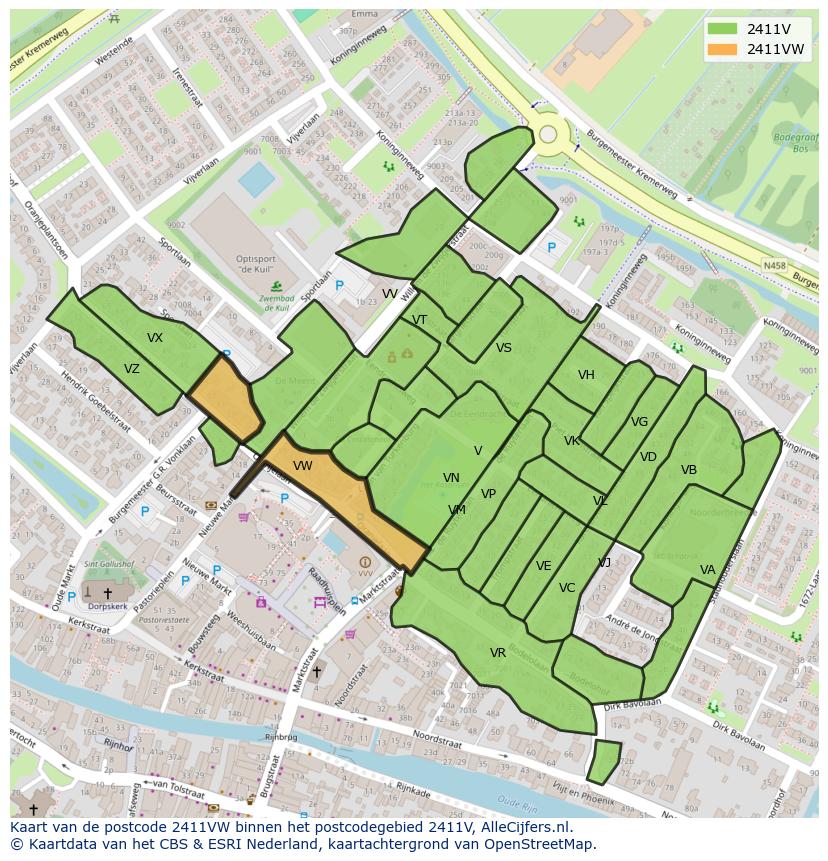 Afbeelding van het postcodegebied 2411 VW op de kaart.