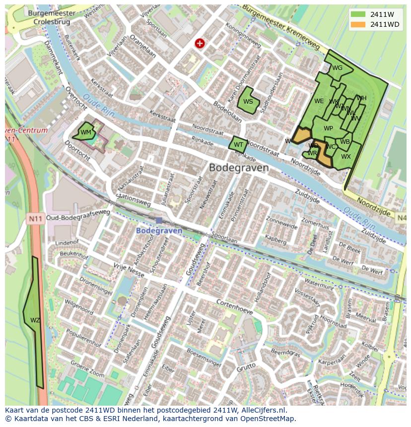 Afbeelding van het postcodegebied 2411 WD op de kaart.