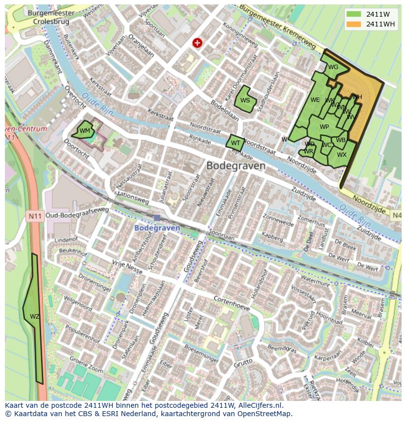 Afbeelding van het postcodegebied 2411 WH op de kaart.