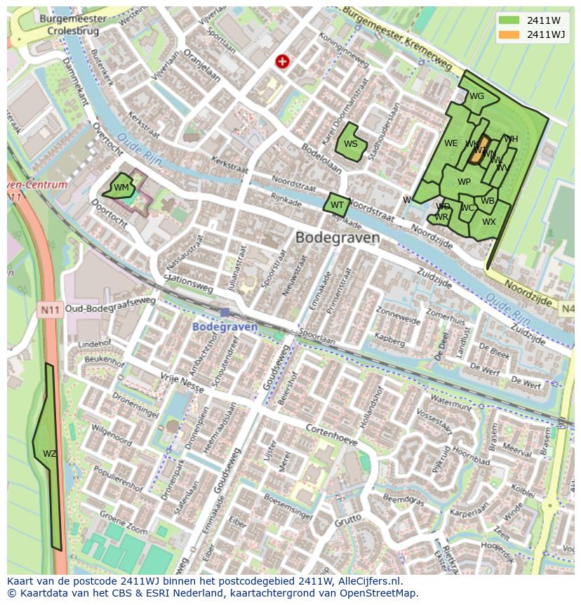 Afbeelding van het postcodegebied 2411 WJ op de kaart.