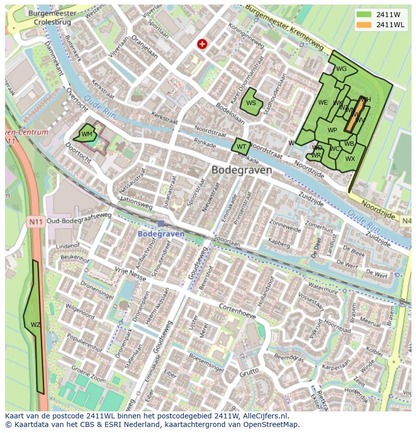 Afbeelding van het postcodegebied 2411 WL op de kaart.