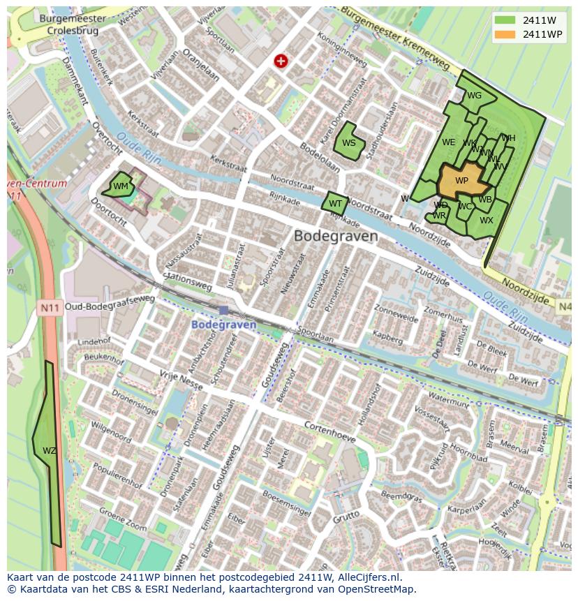 Afbeelding van het postcodegebied 2411 WP op de kaart.