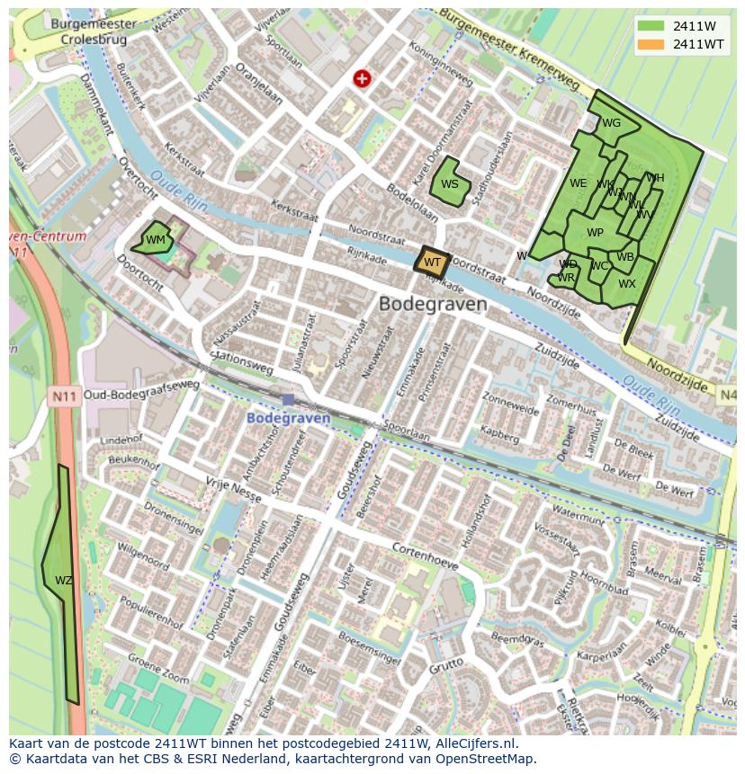 Afbeelding van het postcodegebied 2411 WT op de kaart.