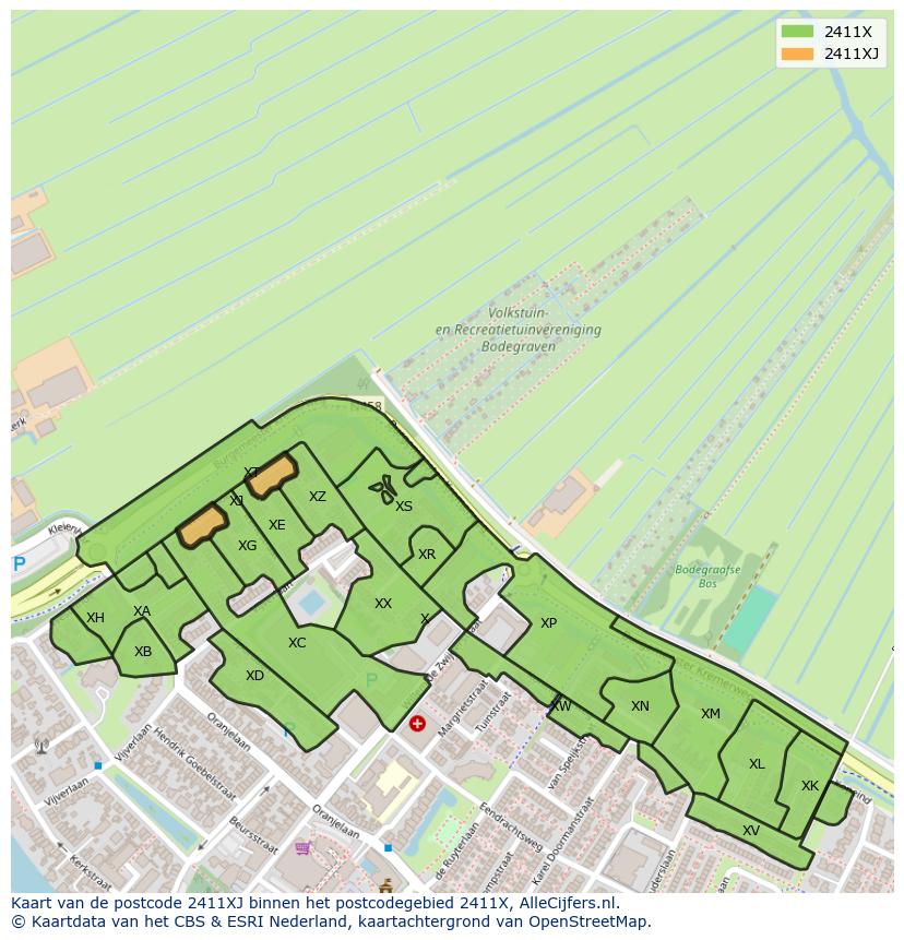 Afbeelding van het postcodegebied 2411 XJ op de kaart.