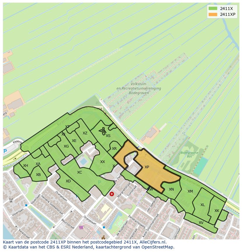 Afbeelding van het postcodegebied 2411 XP op de kaart.